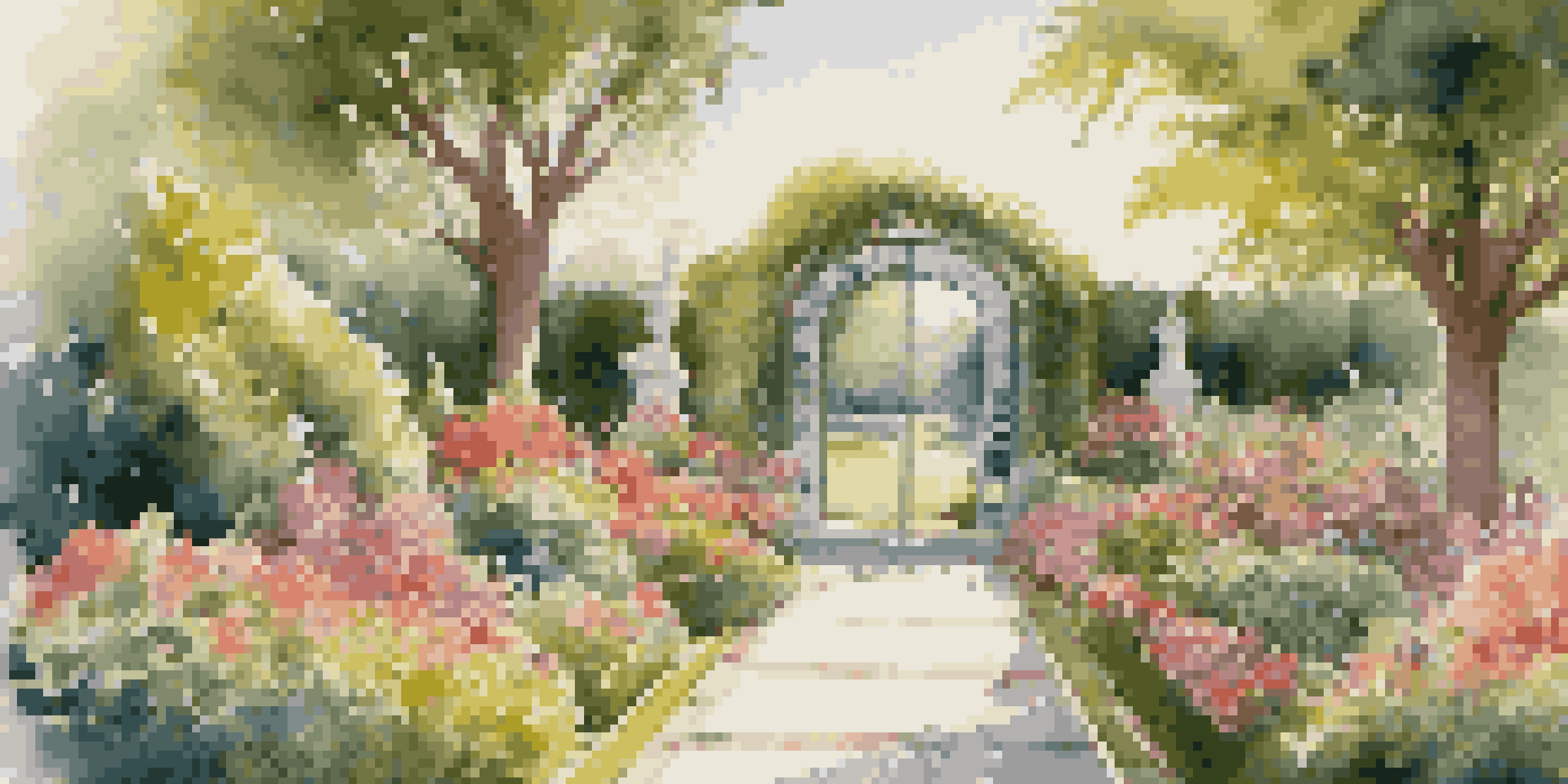 A vintage wooden framed mirror in a garden, reflecting colorful flowers and greenery under soft sunlight.