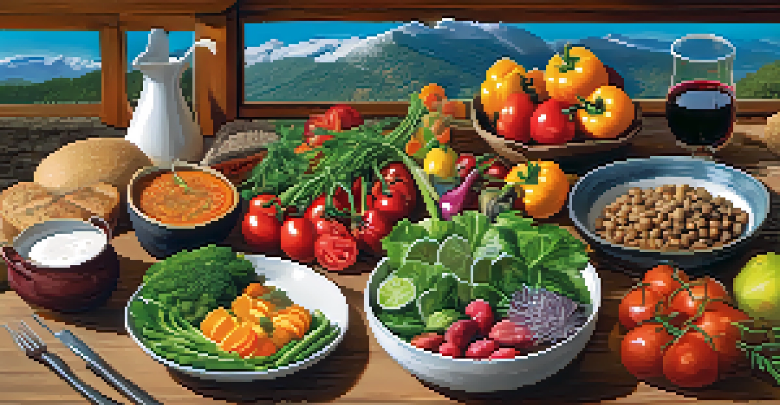 A gourmet meal featuring fresh vegetables and lean proteins on a wooden table with a scenic mountain background.