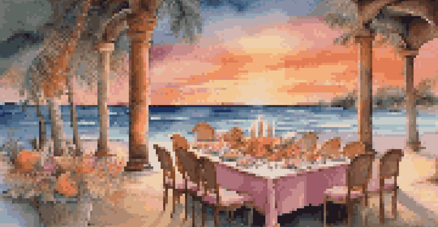 A romantic beachside dining setup in the Caribbean with fresh seafood and tropical fruits against a backdrop of a stunning sunset.