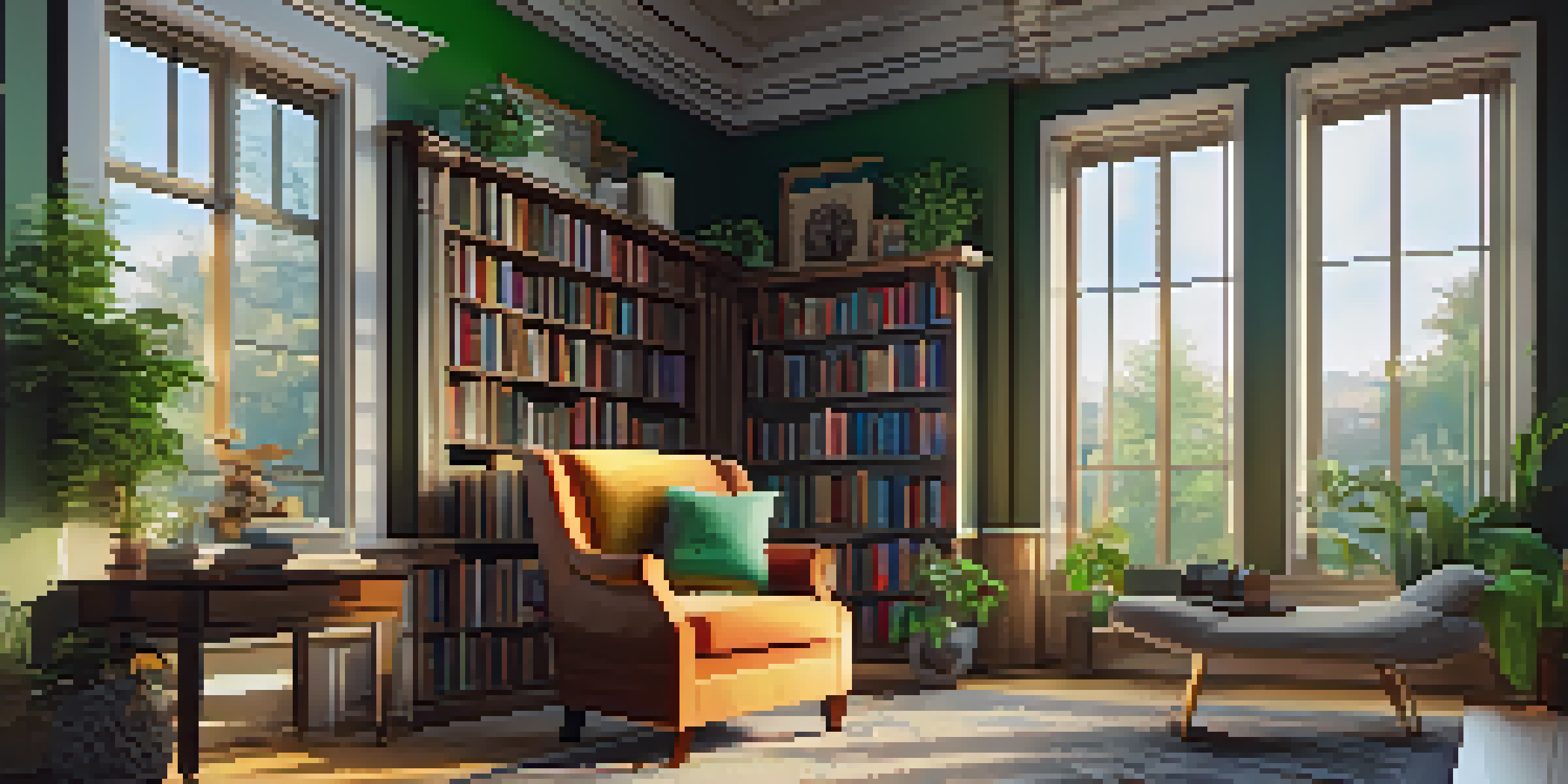A comfortable reading nook with a plush armchair, a cup of tea, and colorful books by a window in a luxurious library.