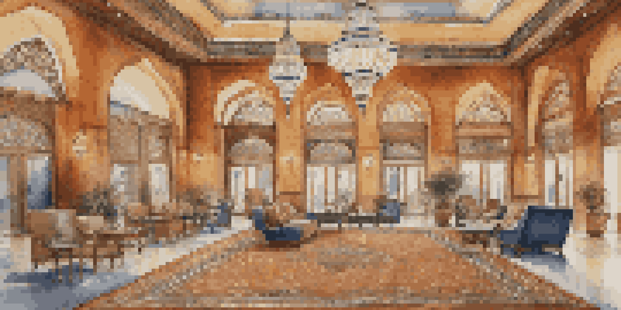 An opulent hotel lobby filled with guests enjoying tea, decorated with intricate carpets and elegant chandeliers, illuminated by warm lighting.