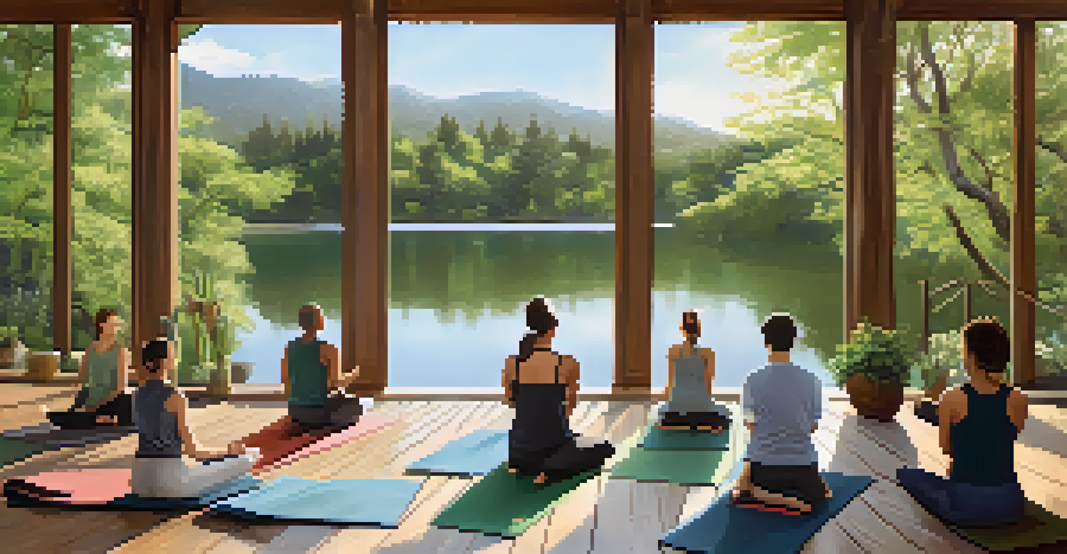 A peaceful wellness retreat with yoga practitioners on a deck by a calm lake, surrounded by nature.