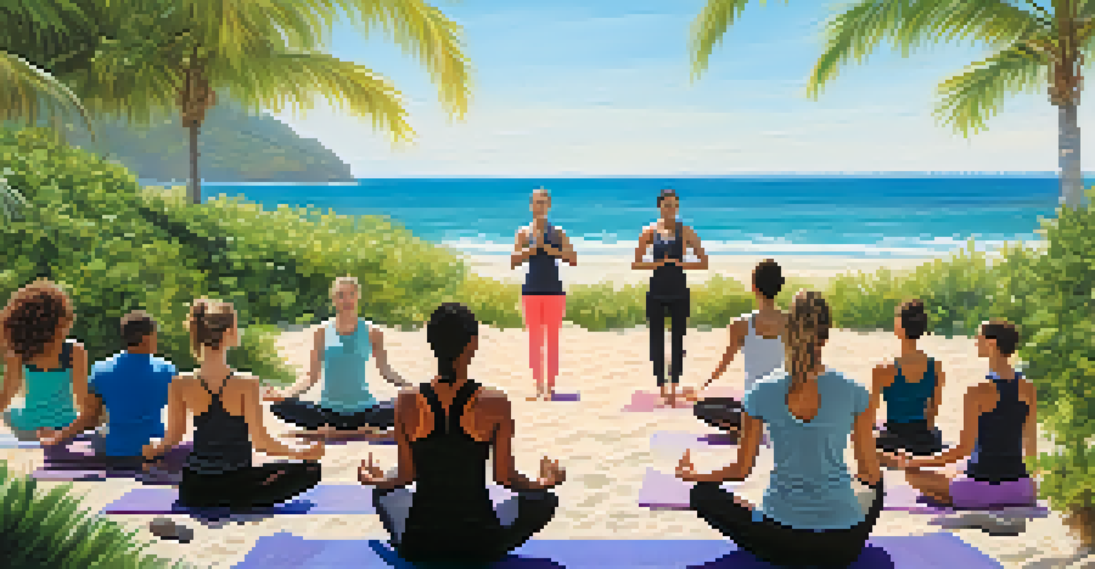 A group of people practicing yoga on a beach with the ocean and greenery in the background, showcasing community and wellness.