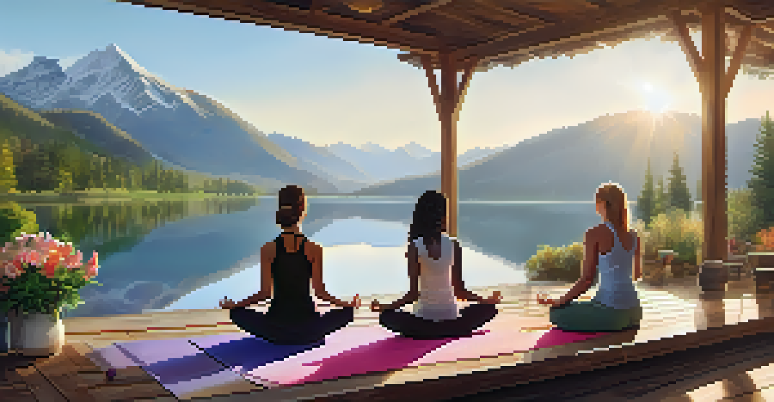 A peaceful wellness retreat with people practicing yoga on a deck overlooking mountains and a lake, with a healthy brunch spread nearby.