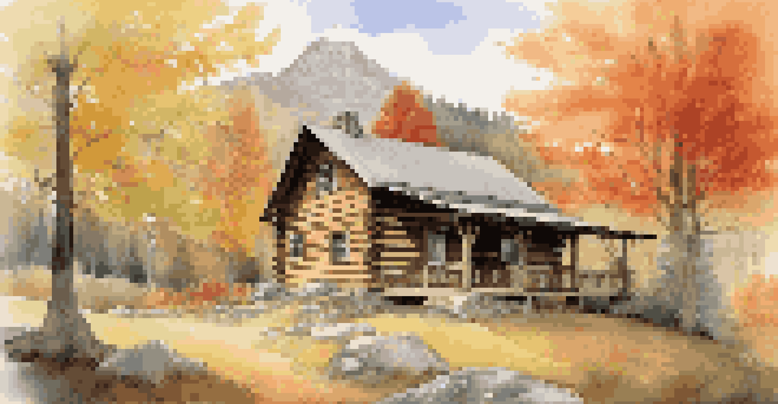 A charming mountain cabin in autumn, surrounded by colorful leaves and a warm inviting atmosphere.