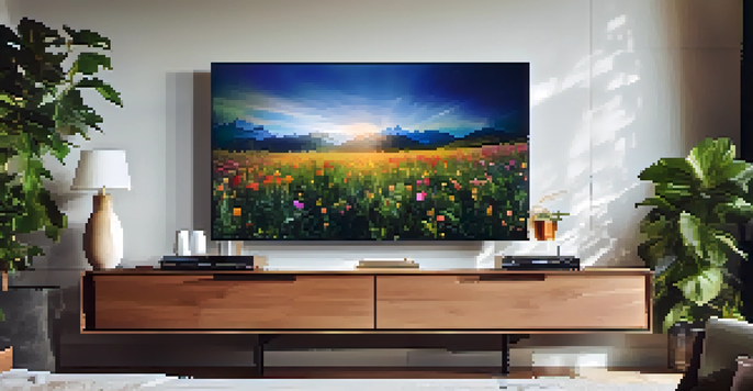 An OLED TV mounted on a wall displaying a vibrant nature scene with deep blacks and rich colors, set in a modern living room.