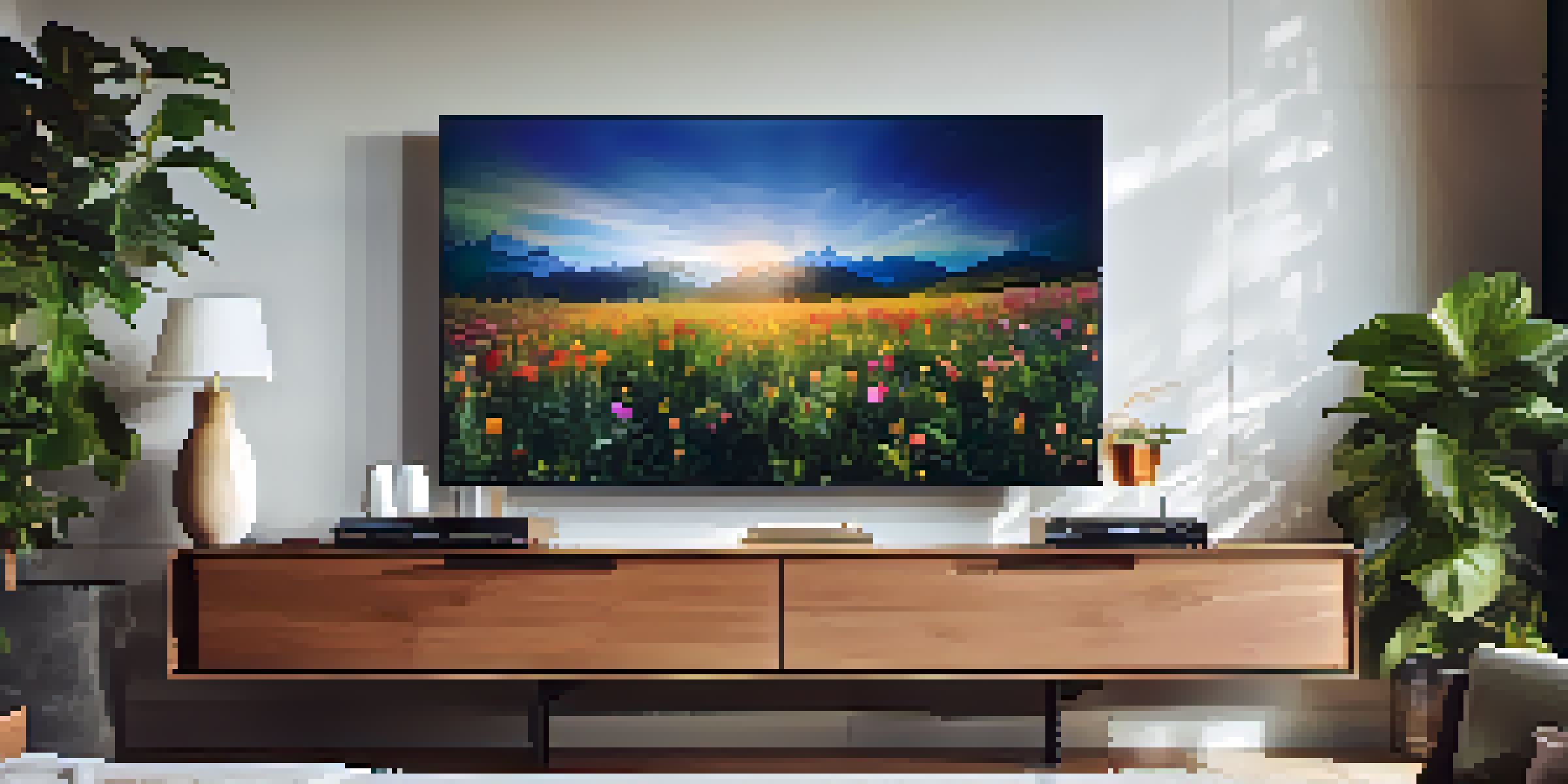 An OLED TV mounted on a wall displaying a vibrant nature scene with deep blacks and rich colors, set in a modern living room.
