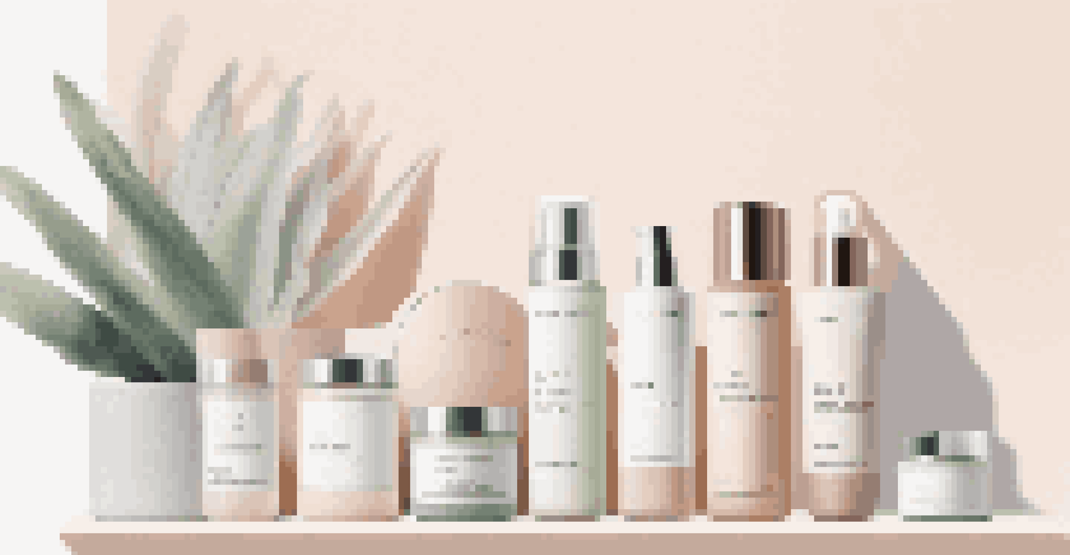 A minimalist shelf showcasing multifunctional personal care products in elegant packaging, alongside a small plant against a pastel background.