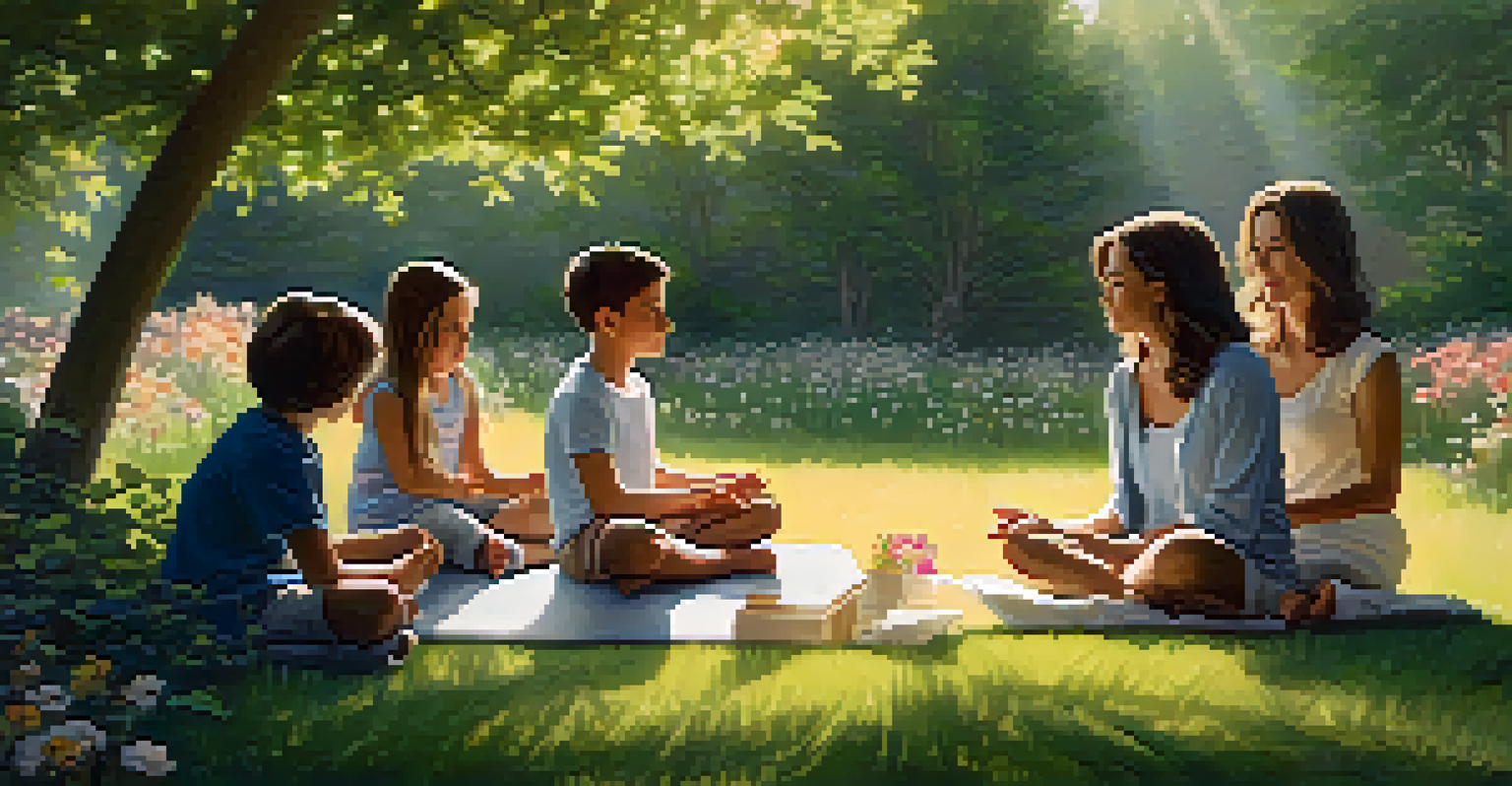 A family practicing mindfulness outdoors in a peaceful setting, sitting in a circle on grass under trees, showcasing serenity and connection.