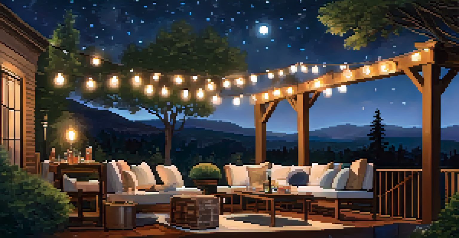 An outdoor evening setup under a starry sky with cozy seating, twinkling lights, and guests enjoying cocktails while stargazing.