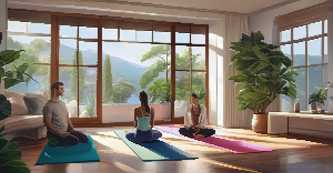 A personal trainer guiding a client through yoga in a luxurious room filled with plants and soft lighting.