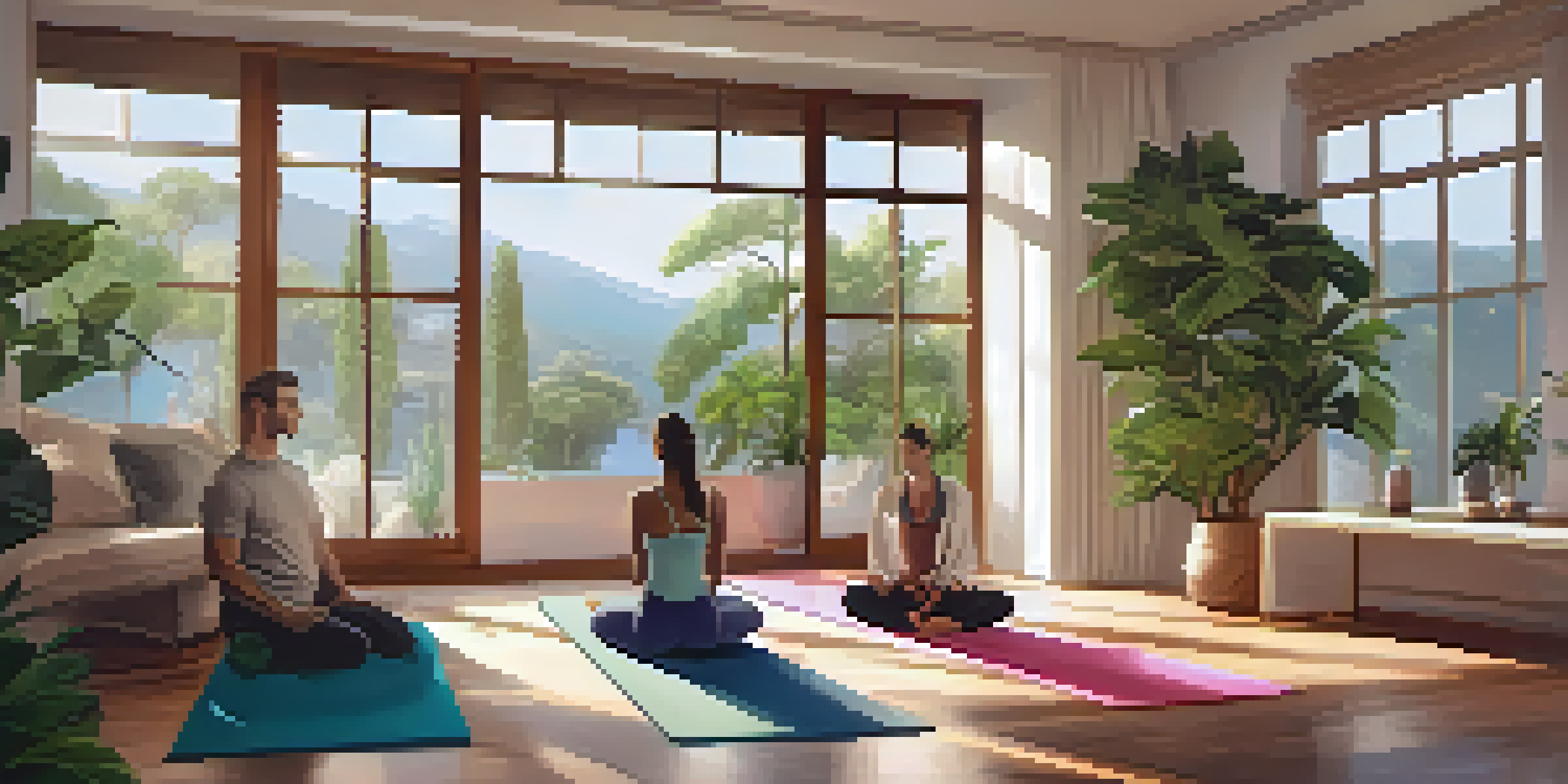 A personal trainer guiding a client through yoga in a luxurious room filled with plants and soft lighting.