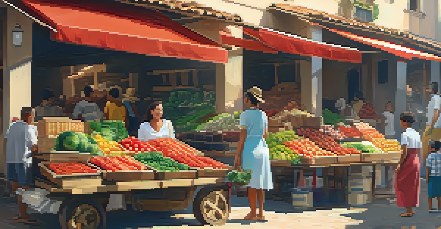 A family exploring a colorful local market filled with fresh produce and handmade crafts.