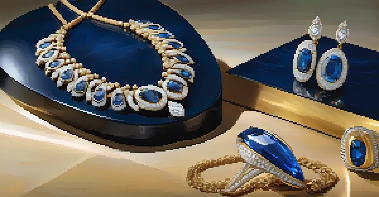An elegant arrangement of high-end jewelry pieces, including a vintage necklace, sapphire earrings, and a gold bracelet on a polished wooden surface.