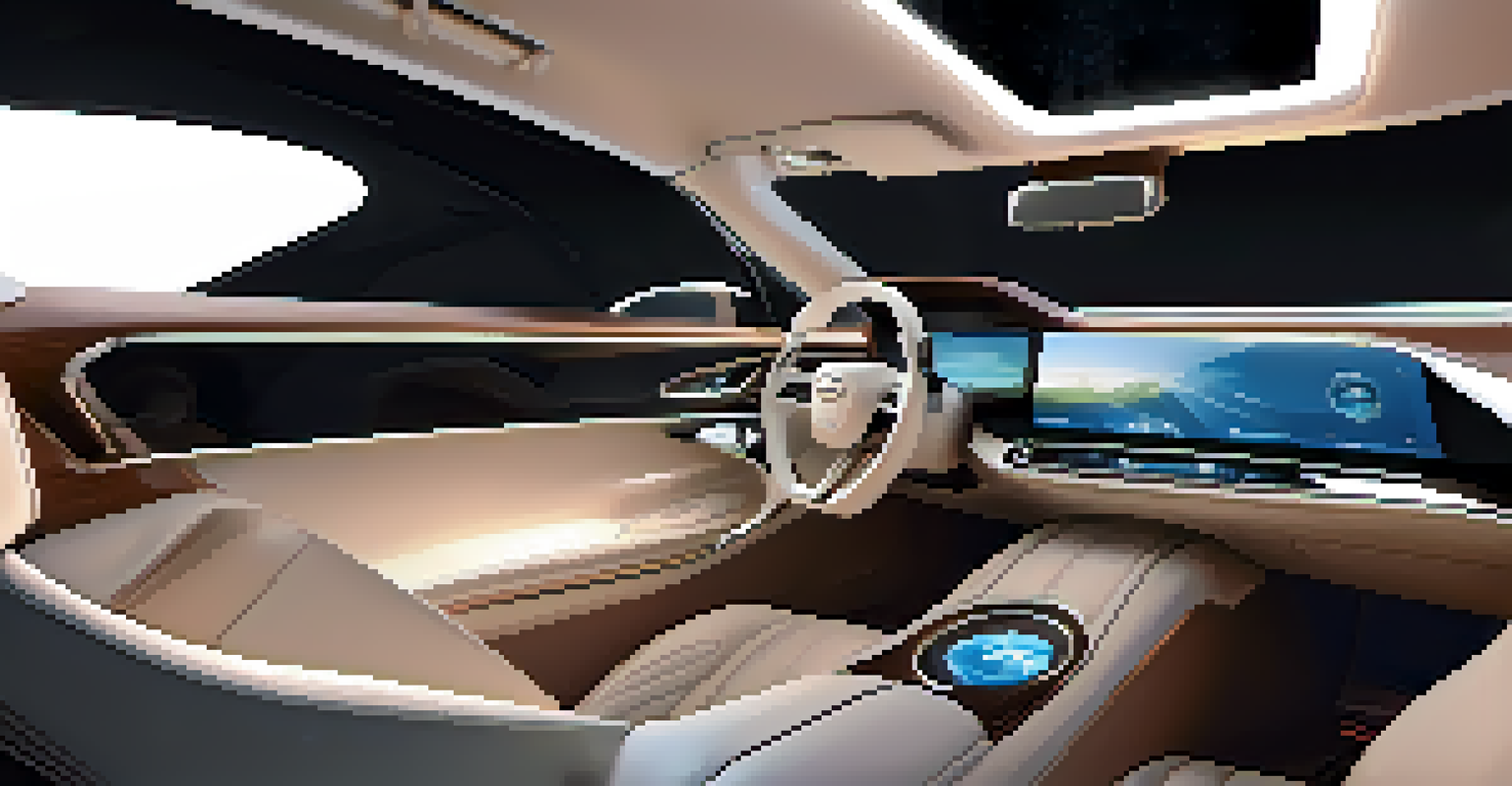 The interior of a futuristic luxury car with a large touchscreen and augmented reality heads-up display, showcasing ambient lighting and leather seats.