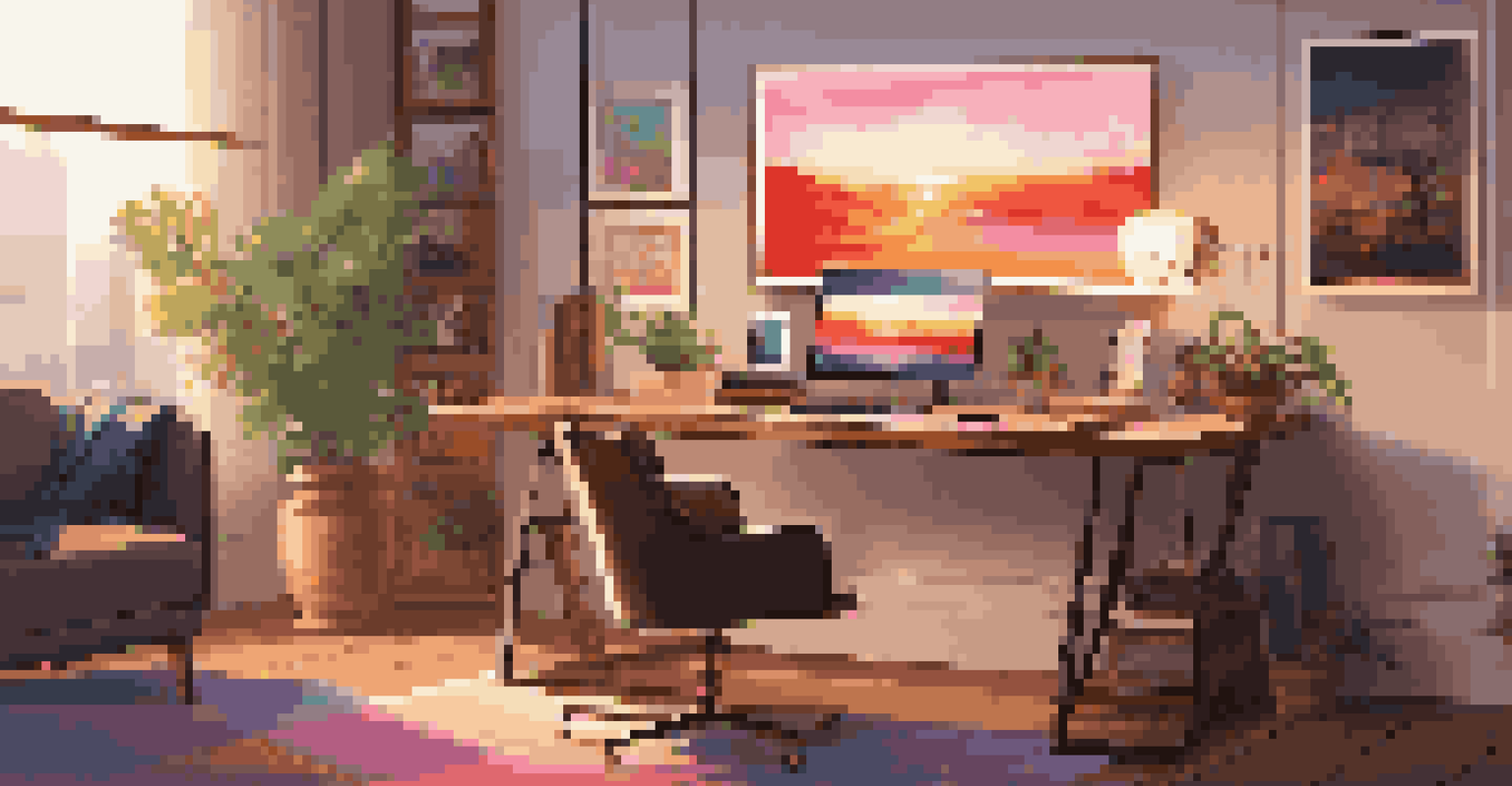 A sophisticated workspace with a computer displaying an NFT artwork, surrounded by elegant decor and warm lighting.