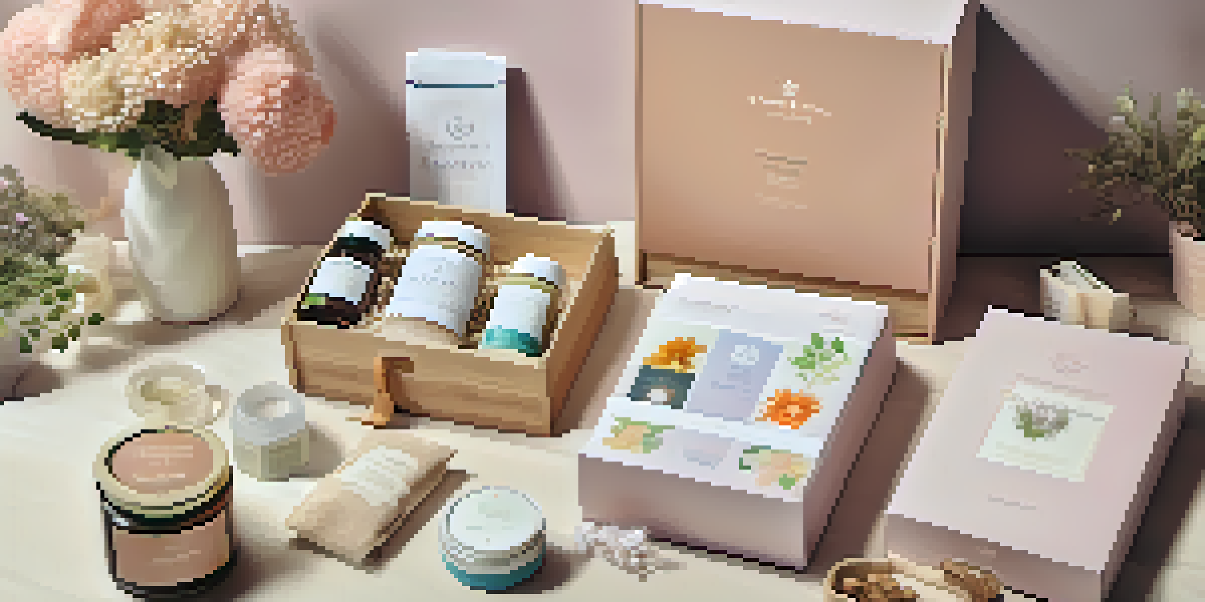 A beautifully arranged luxury wellness box filled with skincare products, herbal teas, and snacks on a wooden table, with soft colors and sunlight illuminating the scene.
