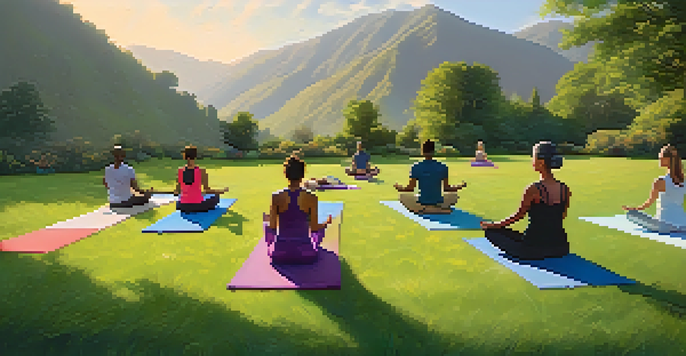 A group of people practicing yoga on a green lawn in a tranquil outdoor setting with mountains in the background.