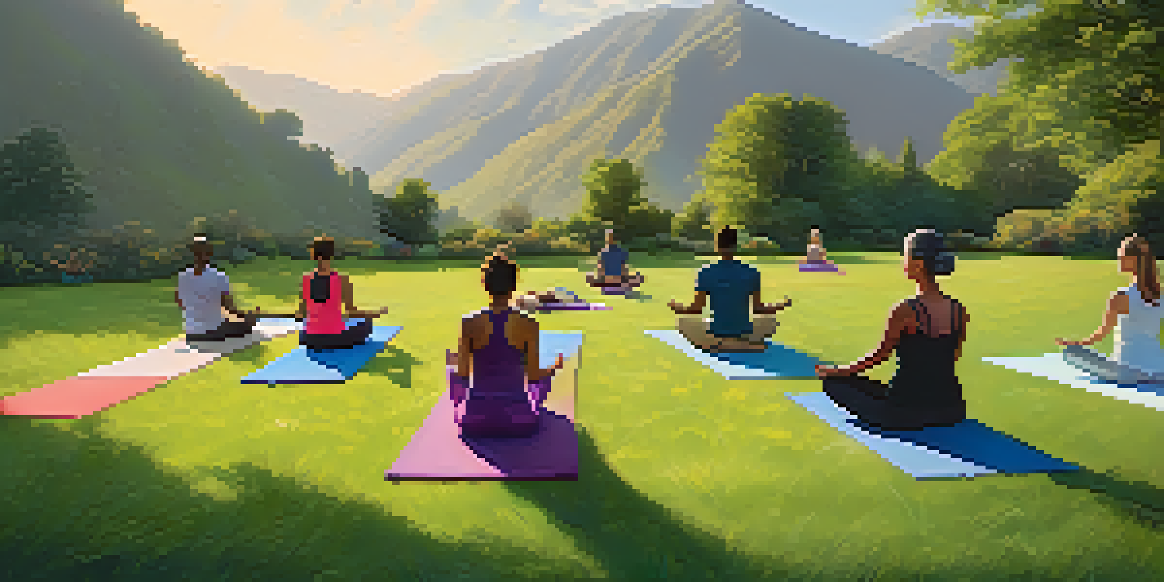 A group of people practicing yoga on a green lawn in a tranquil outdoor setting with mountains in the background.