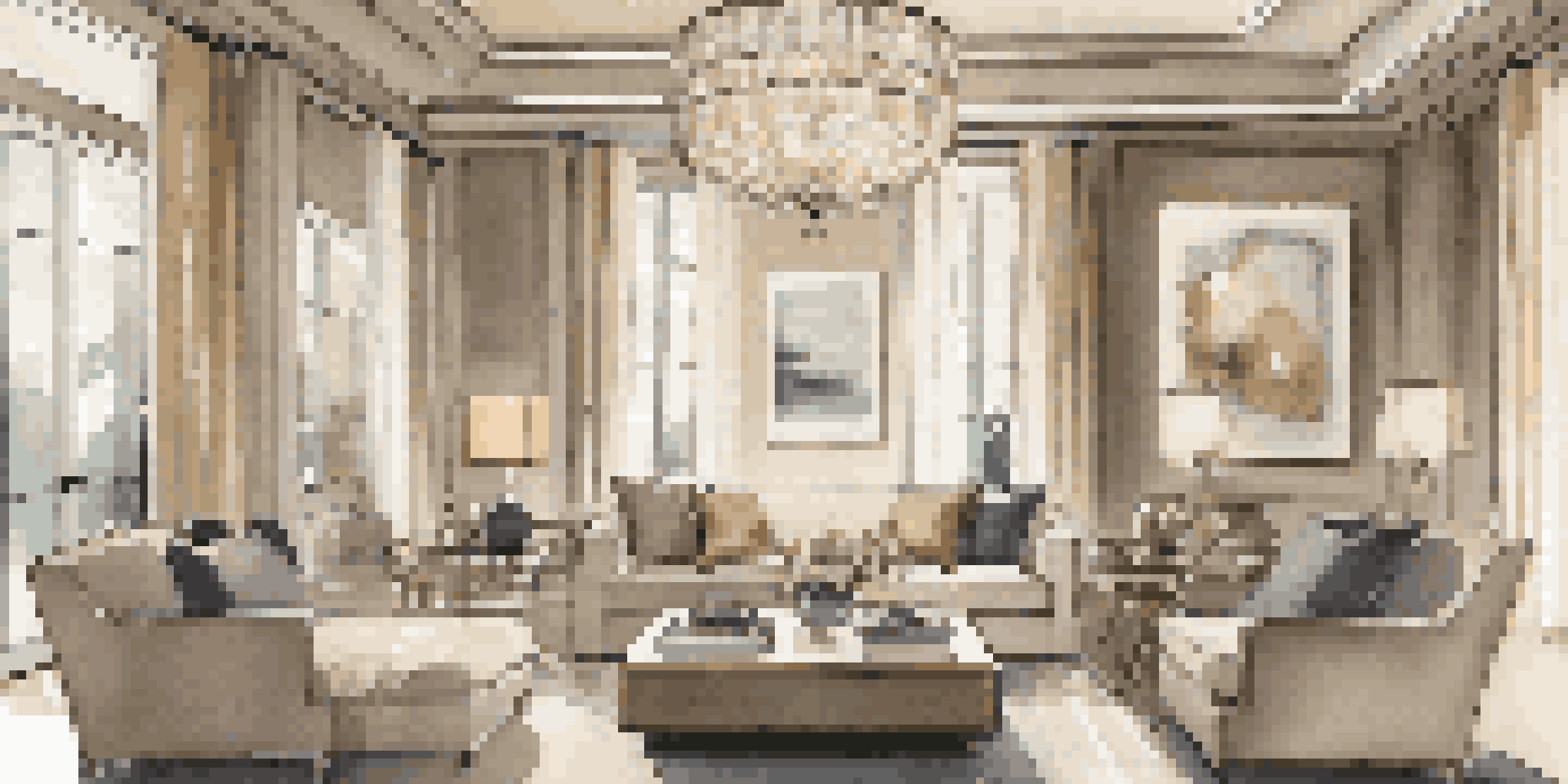 A luxurious living room with a chandelier, high-end furniture, and natural light.