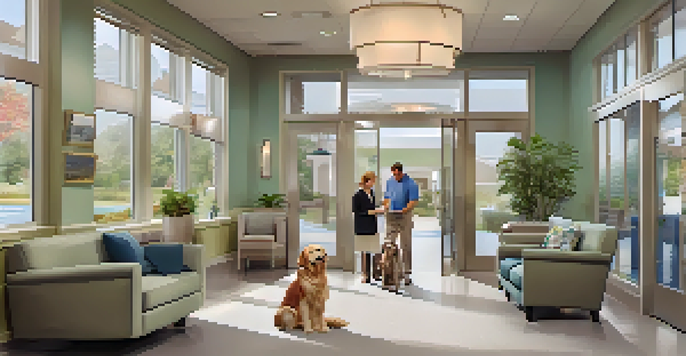 A luxurious veterinary clinic interior featuring a plush waiting area with elegant furniture and soft lighting, welcoming pet owners and their pets.