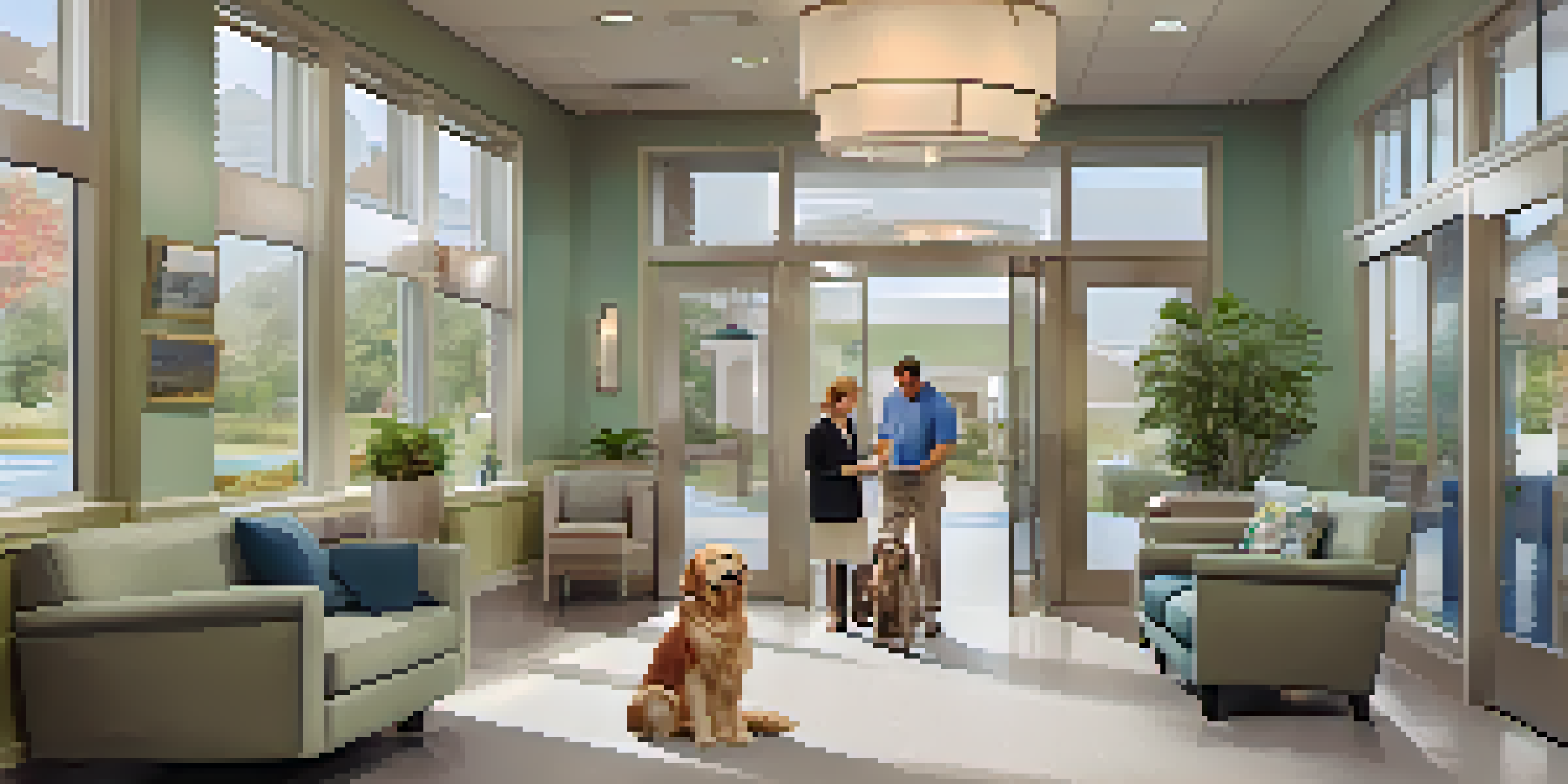 A luxurious veterinary clinic interior featuring a plush waiting area with elegant furniture and soft lighting, welcoming pet owners and their pets.