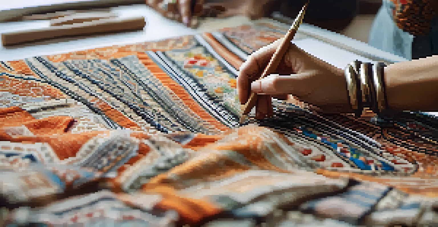 A designer's hands crafting clothing from traditional fabrics, with sketches and materials in the background.