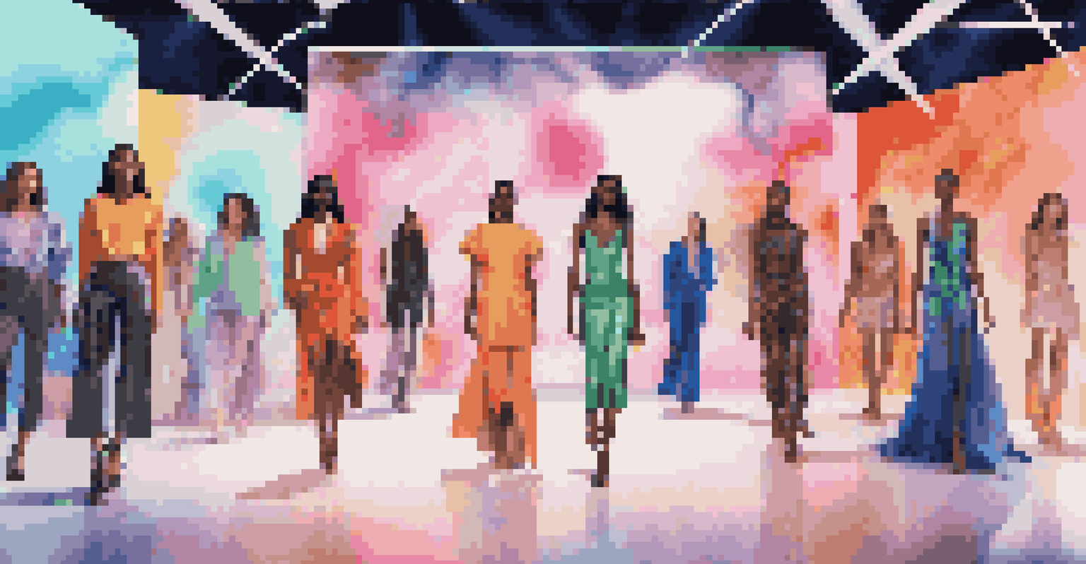 A virtual fashion show with diverse models in sustainable luxury clothing, surrounded by digital screens and bright lighting.