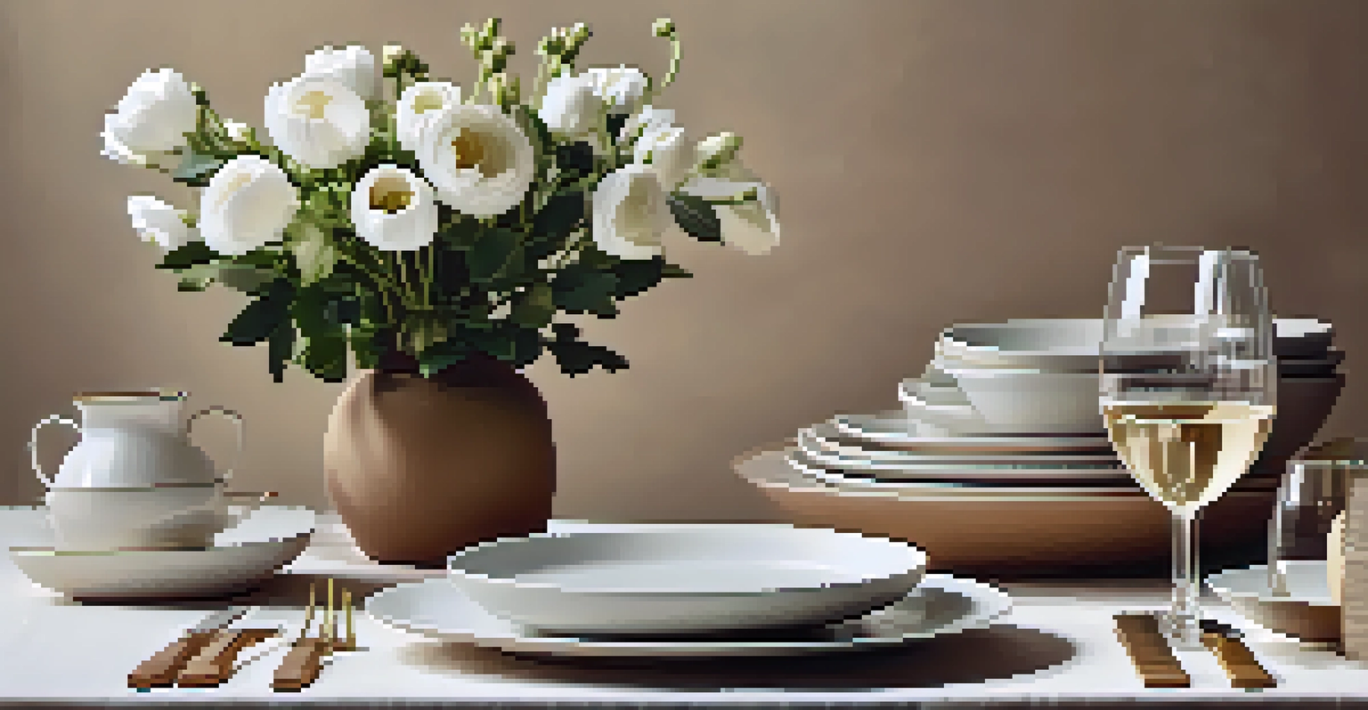 A minimalist dining table set with elegant dishware and a floral arrangement in warm lighting.
