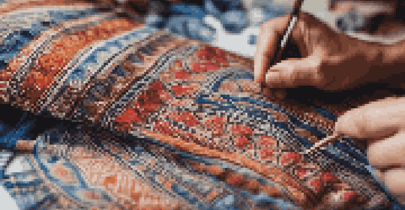 A close-up of a handcrafted textile with intricate patterns and vibrant colors, highlighting the texture and craftsmanship.