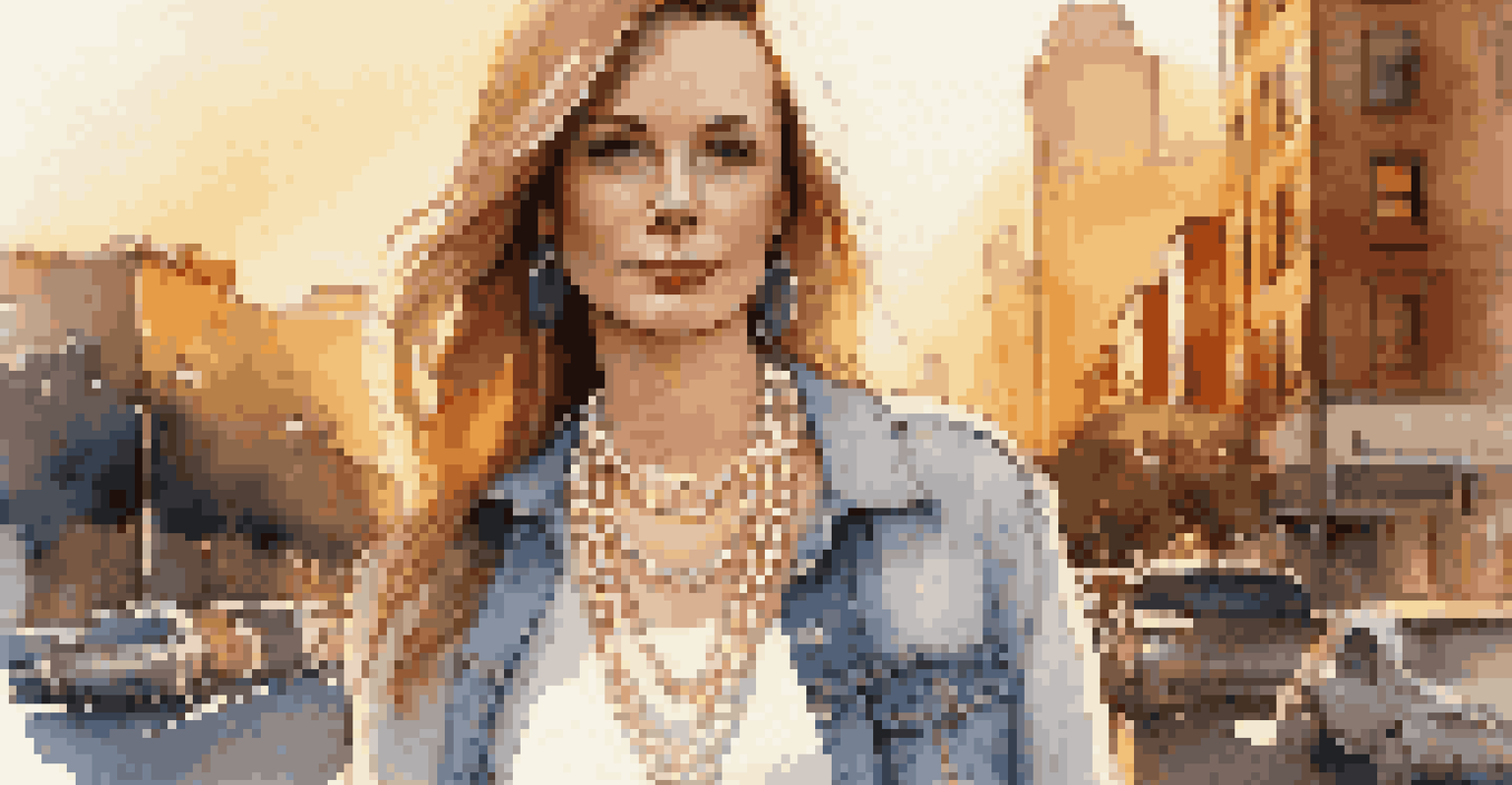 A woman in a white t-shirt and denim jacket, wearing layered pearl necklaces in an urban setting during golden hour.