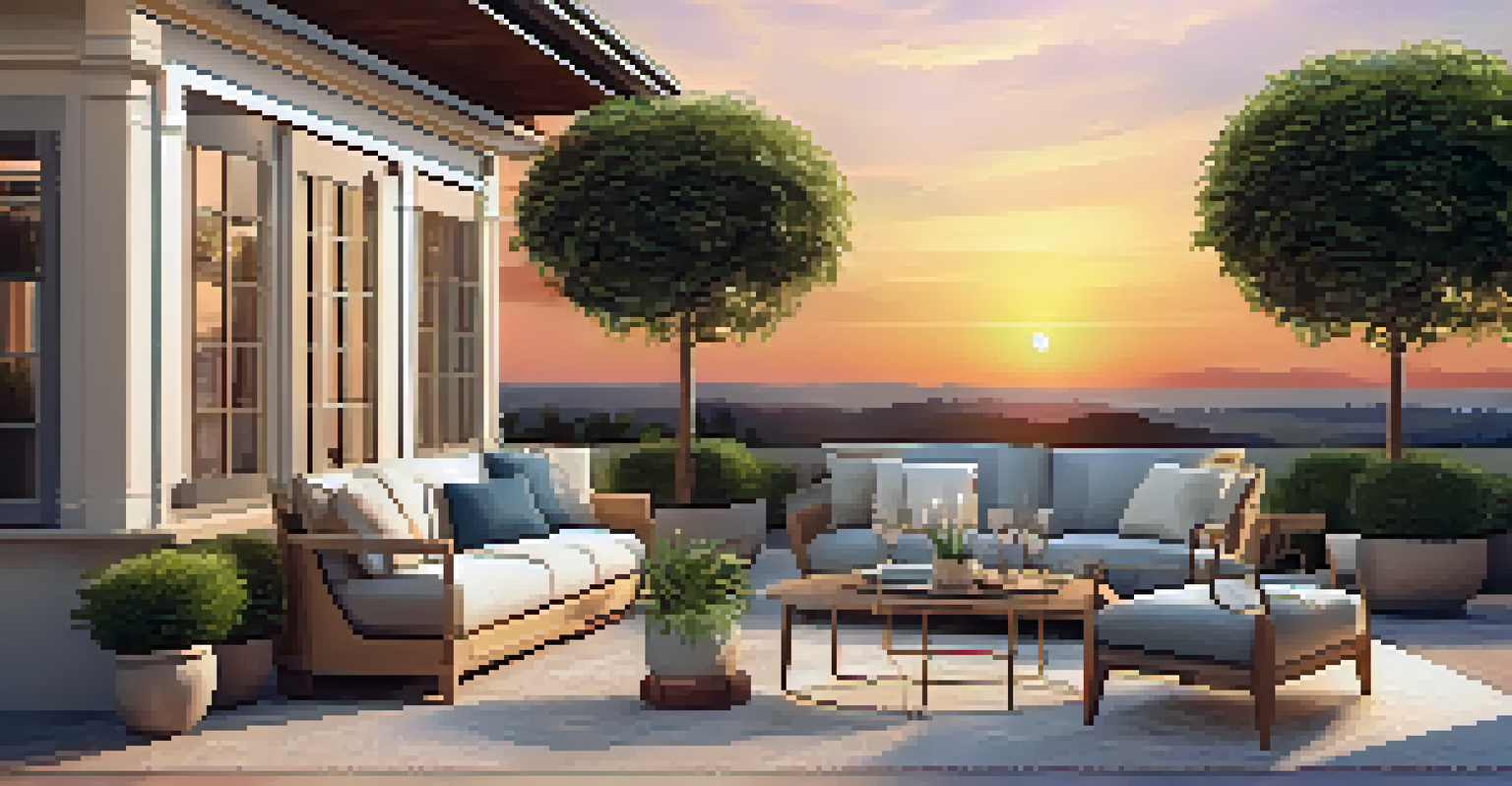 A luxurious outdoor patio with comfortable seating and a sunset backdrop.