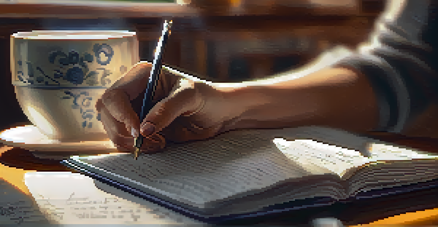 A close-up of a hand writing in a journal next to a steaming cup of tea, with sunlight enhancing the textures.