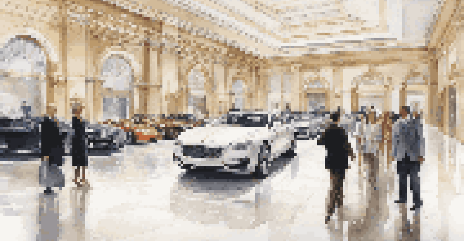 A luxurious car showroom with high-end vehicles and a customer engaging with a sales associate.