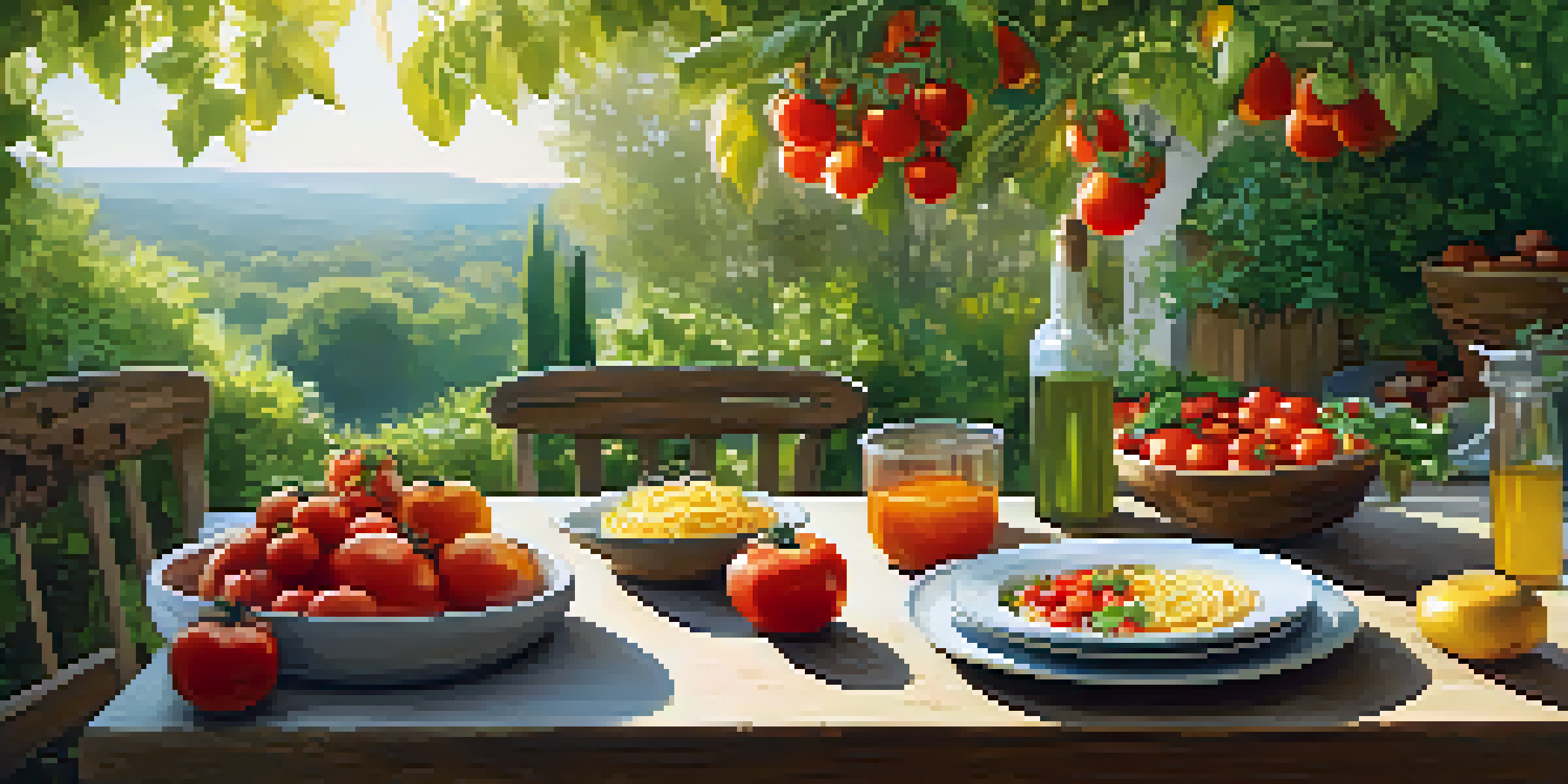 A rustic wooden table outdoors with fresh ingredients and a pasta dish, surrounded by greenery and flowers, illuminated by soft sunlight.