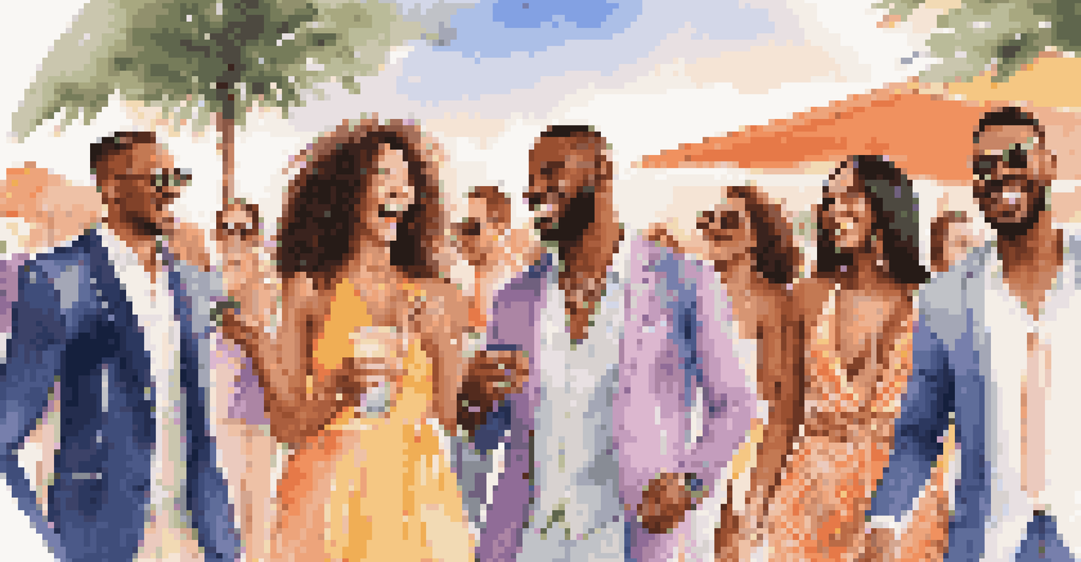 A diverse group of happy customers enjoying an outdoor event, wearing rented luxury outfits, surrounded by colorful decorations and warm sunset lighting.