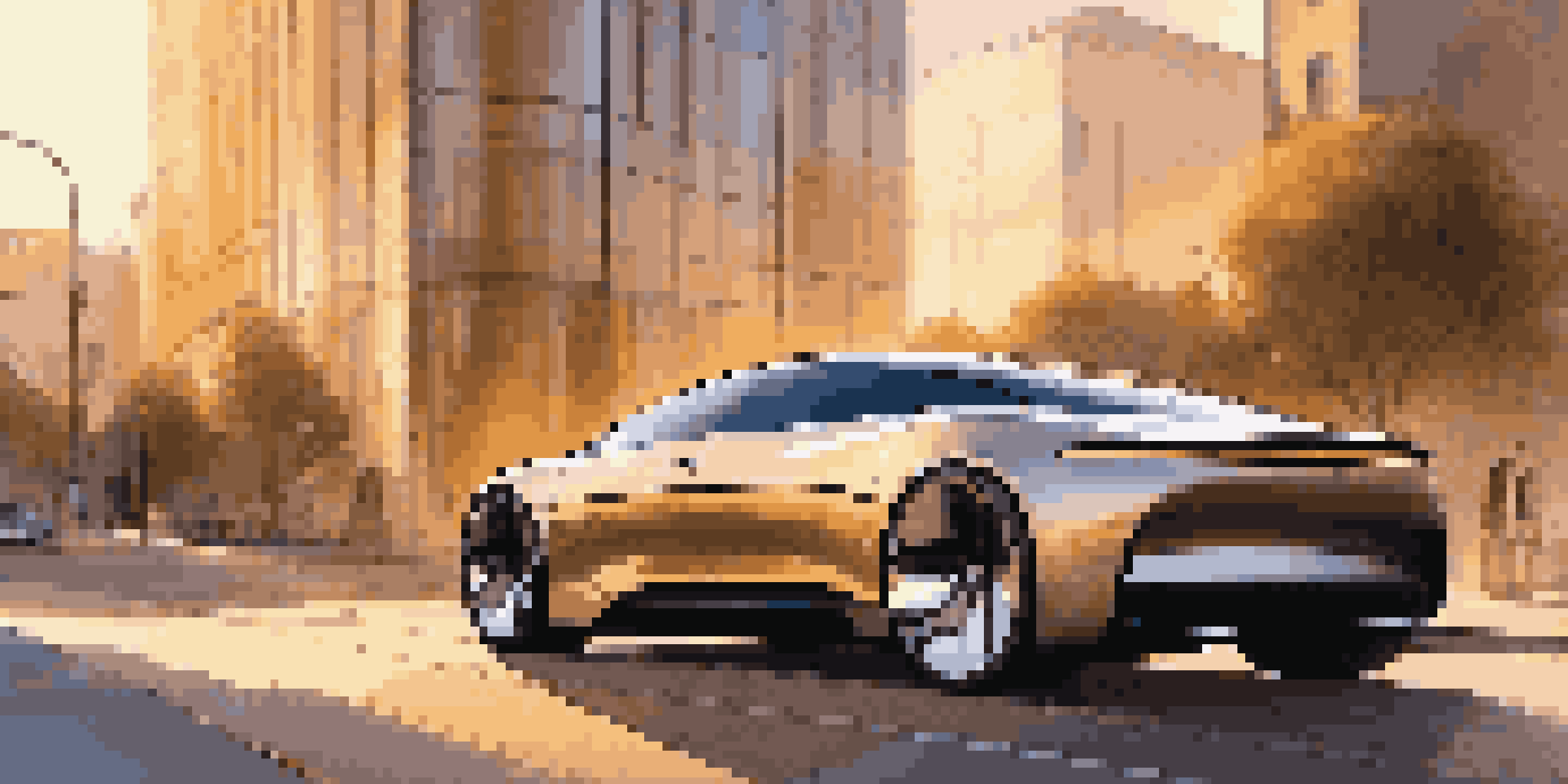 A modern electric luxury car parked in a stylish urban setting during sunset, highlighting its design and surroundings.