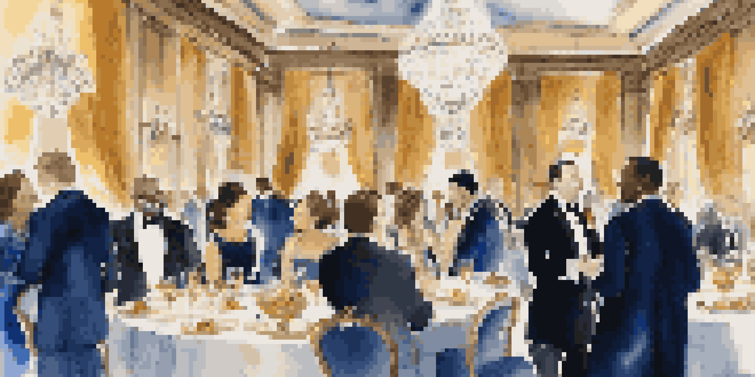 A luxurious ballroom filled with diverse attendees engaged in conversation, under elegant chandeliers with a warm light.