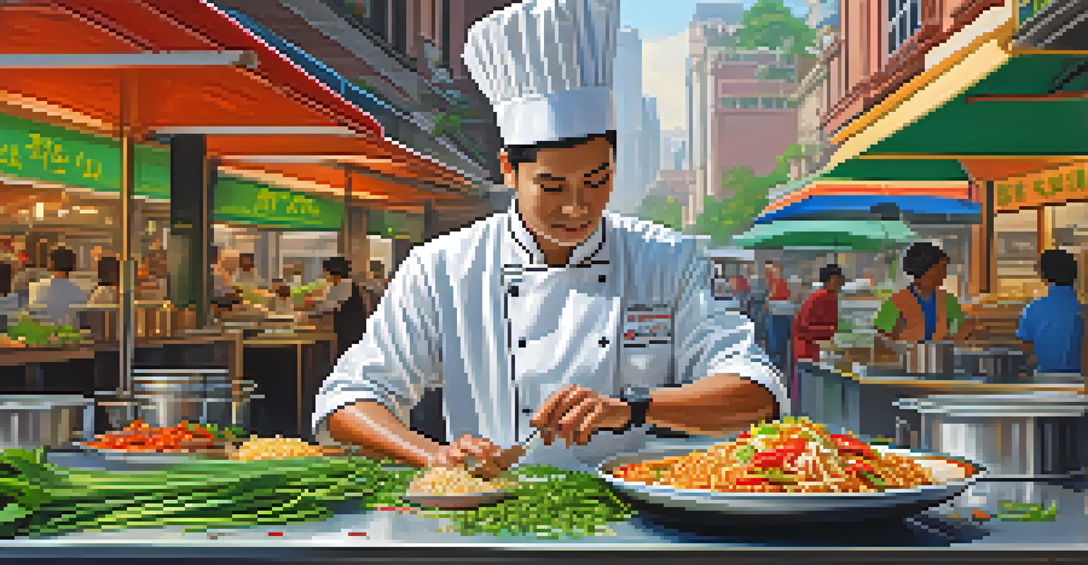 A chef plating Pad Thai with fresh herbs and lime, surrounded by colorful ingredients in a busy street food market.