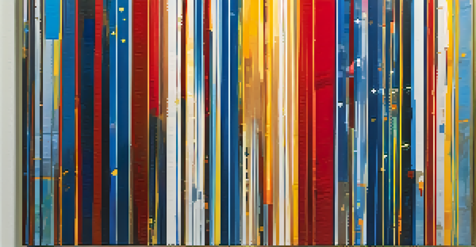 A close-up of an abstract painting with vibrant colors on display at a luxury art fair, highlighting its intricate textures.