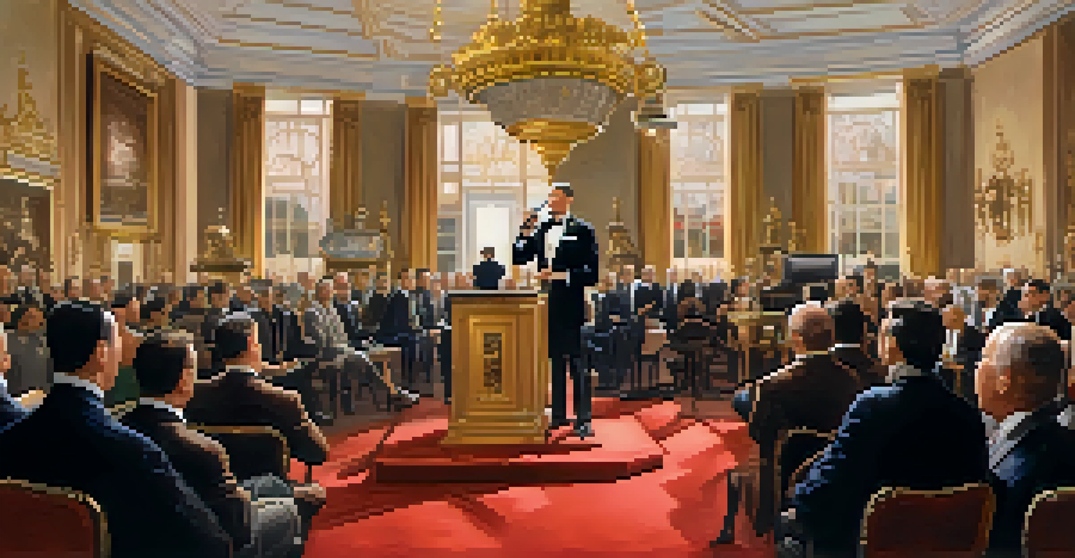 An elegant auction scene with an auctioneer at a podium and an audience of art collectors raising paddles to bid.