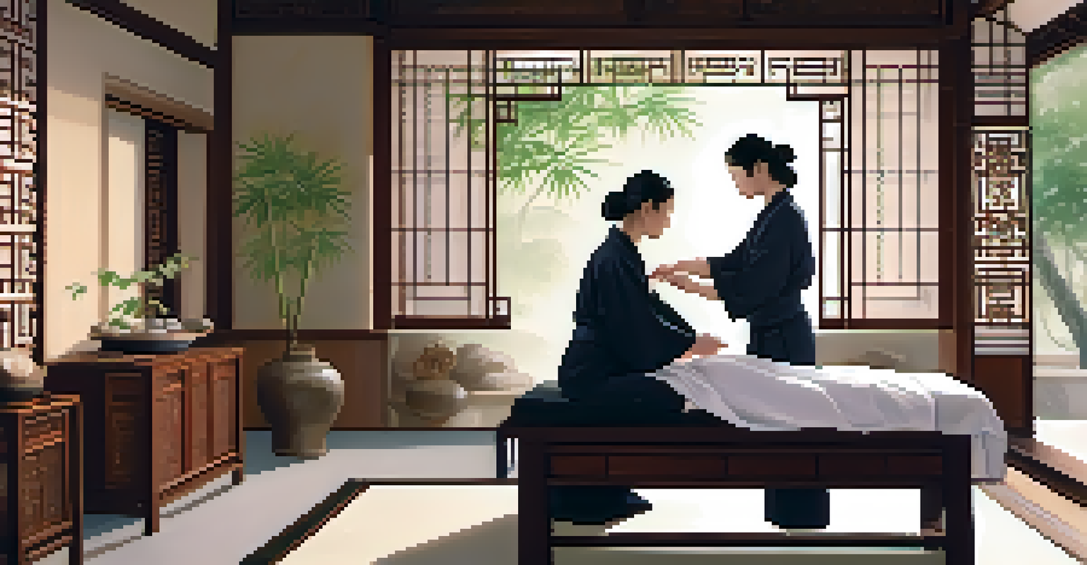 An acupuncturist applying needles to a client's back in a calming spa, featuring traditional Chinese decor.