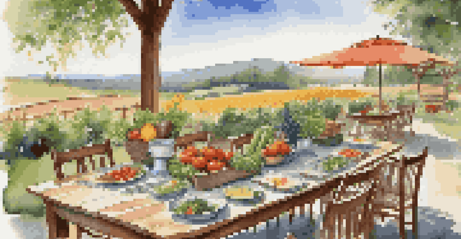 A rustic outdoor dining setup with fresh produce on a wooden table, surrounded by a beautiful farm landscape.
