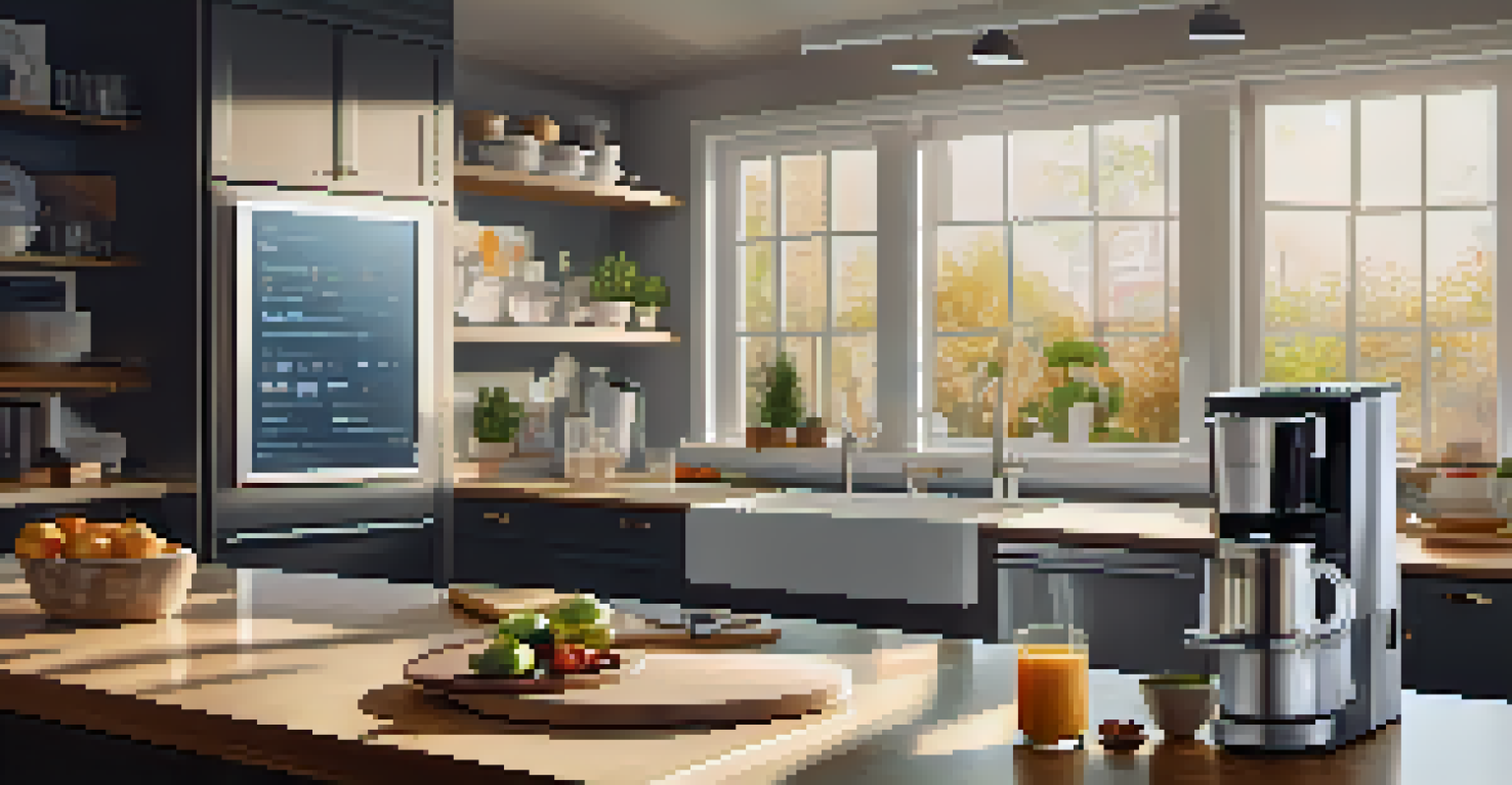 A bright kitchen with a smart assistant displaying a recipe, a brewing coffee maker, and fresh ingredients on the counter, illuminated by morning light.