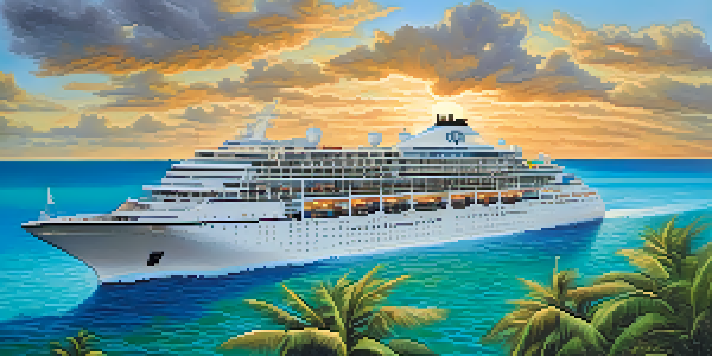 A luxury cruise ship sailing in clear Caribbean waters during sunset, with green islands in the background.