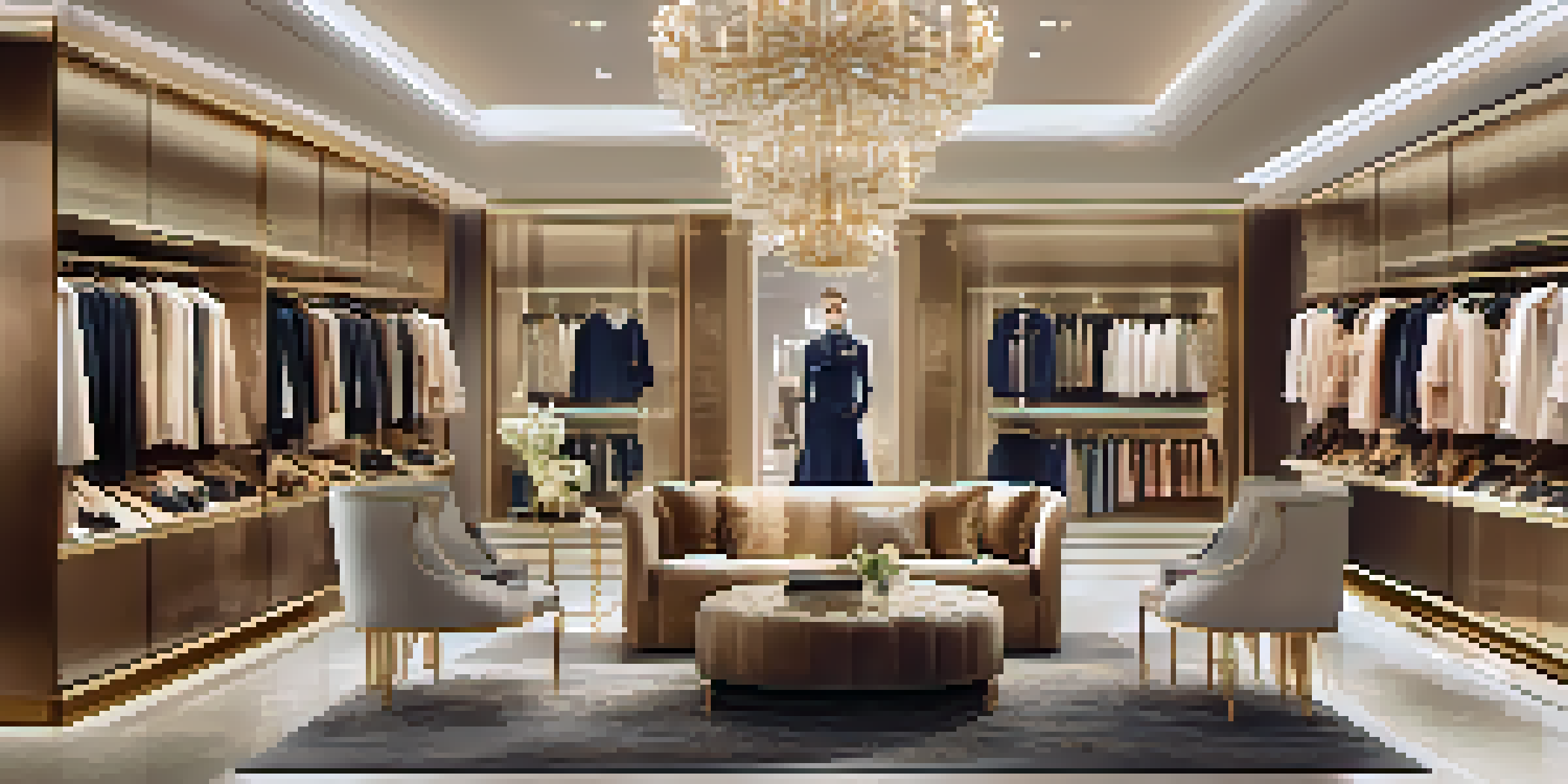 An elegant interior of a luxury fashion boutique with clothing displays and soft golden lighting.