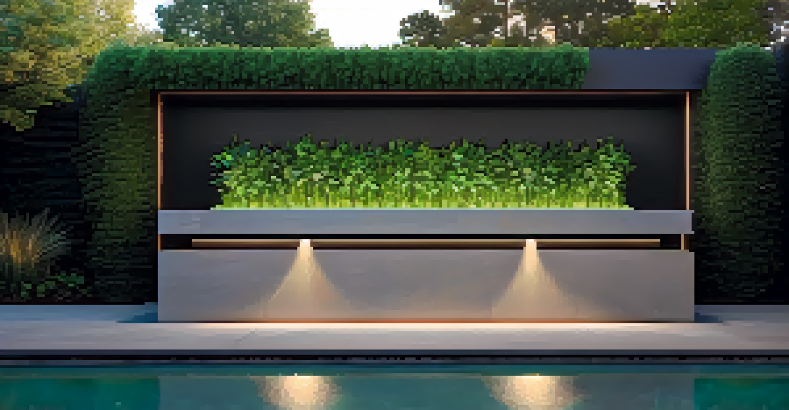 A sleek water wall with flowing water and LED lighting, surrounded by lush plants creating a modern garden feature.