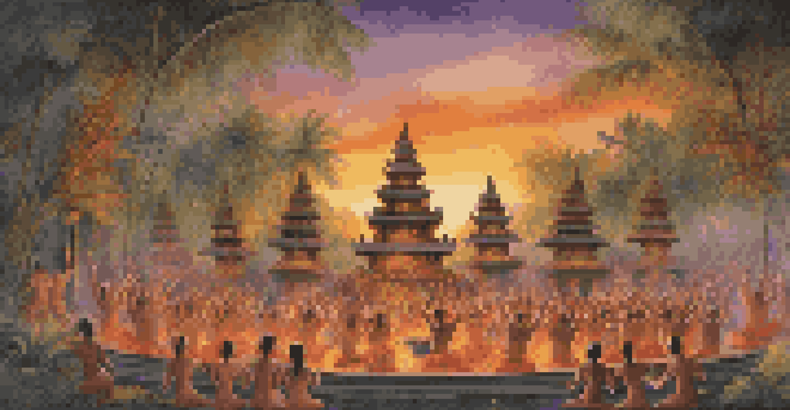 Performers in traditional Balinese costumes dancing during a kecak performance at sunset, with flames and tropical plants in the background.