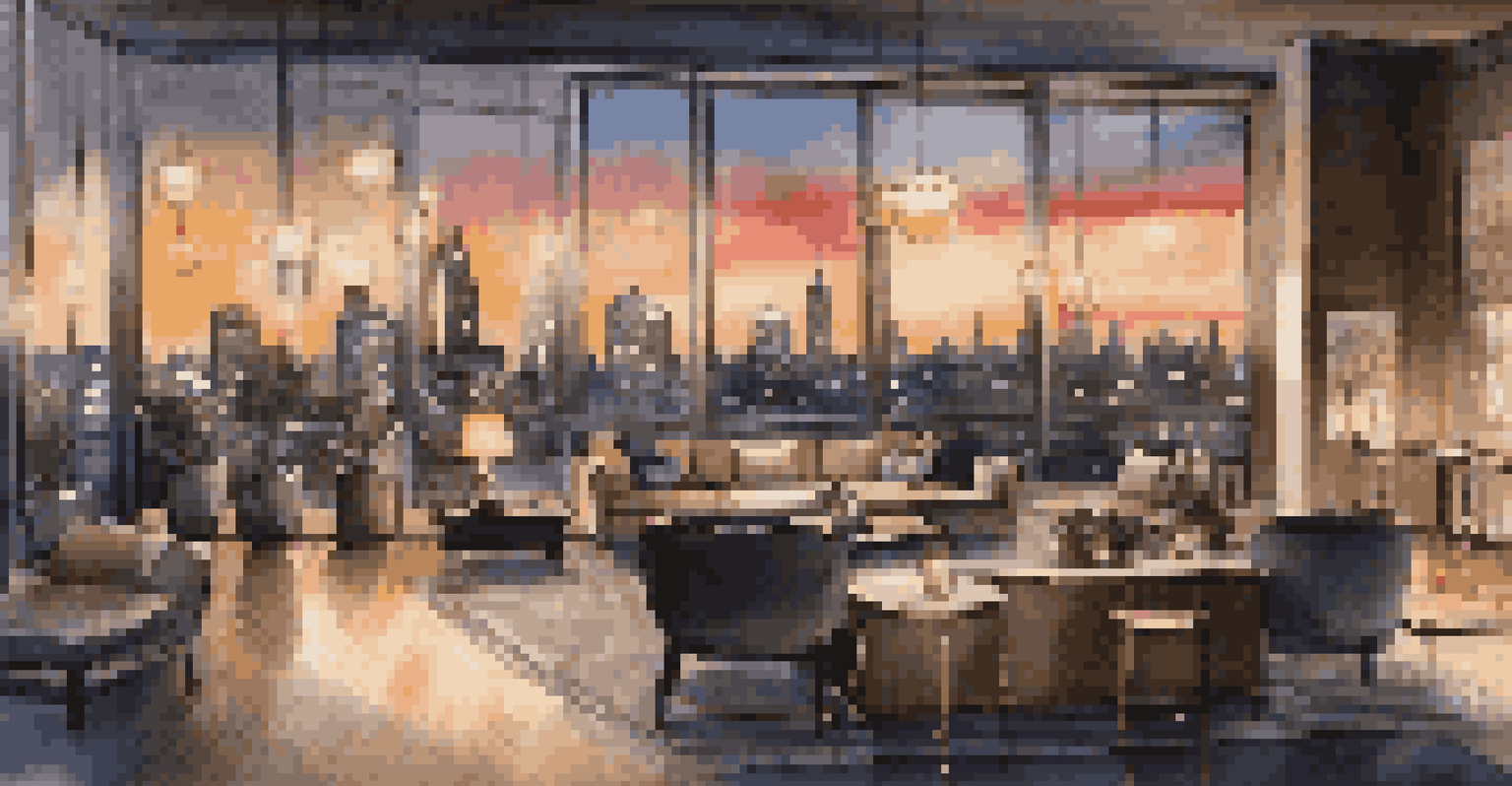 A modern urban penthouse with city skyline views at night, featuring upscale furniture and soft lighting.