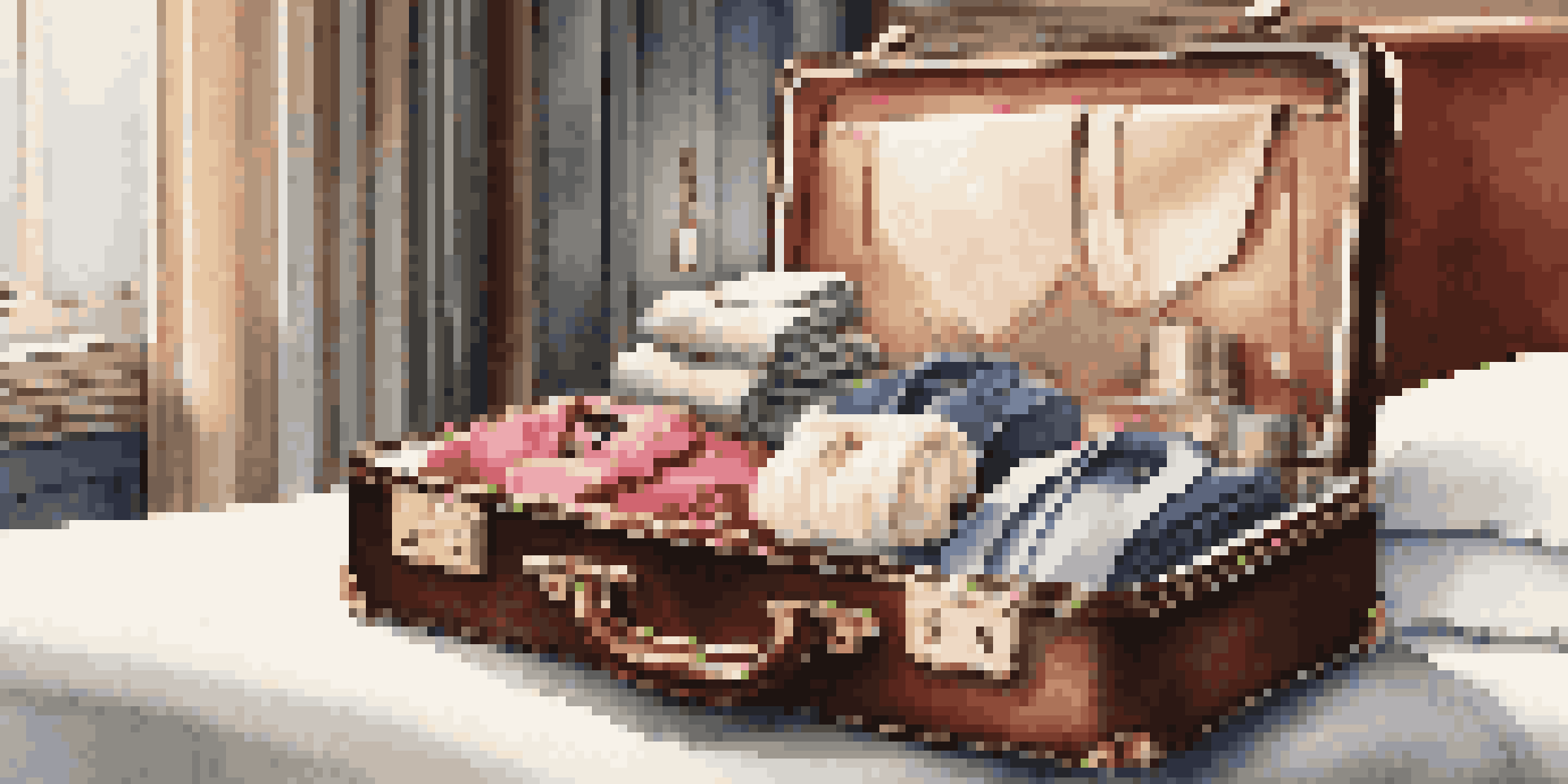 An open luxury suitcase on a hotel bed, displaying neatly packed clothes and elegant travel accessories.